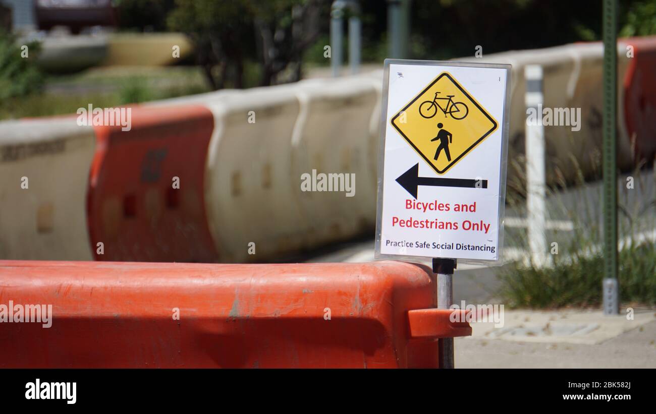 Street closed for bicycles and pedestrians only for COVID19 safety protocols to allow exercise and enforce social distancing. Emeryville, CA, USA. Stock Photo