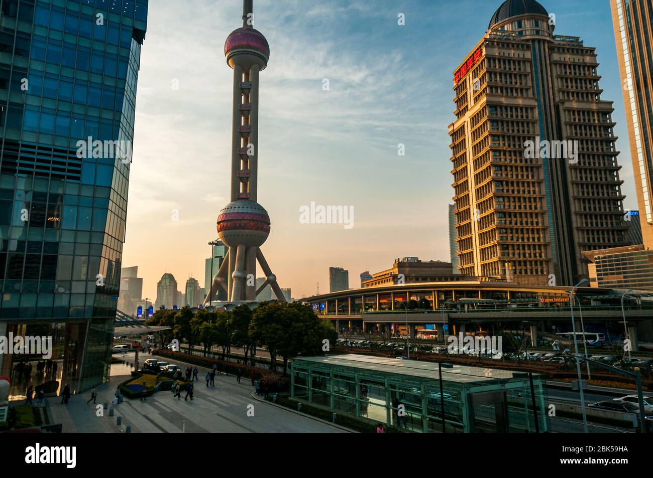The Oriental Pearl Tower viewed against a blue sky in the Pudong New Area of Shanghai, China. Stock Photo