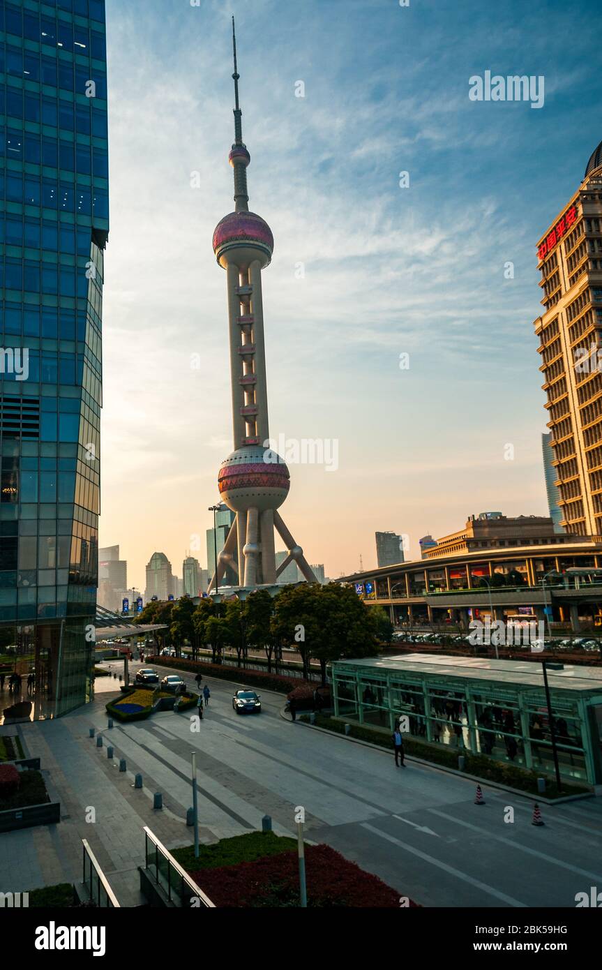 The Oriental Pearl Tower viewed against a blue sky in the Pudong New Area of Shanghai, China. Stock Photo