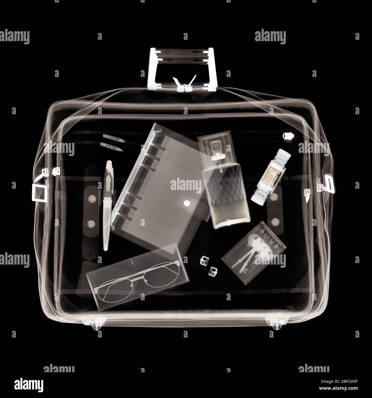 Holdall with various items, X-ray. Stock Photo