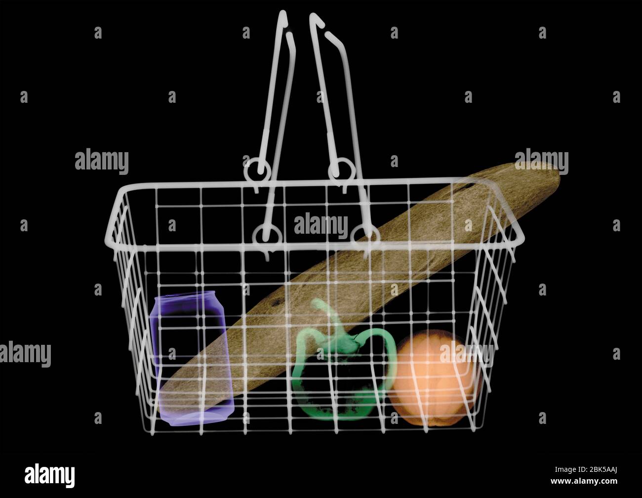 Wire basket containing shopping, coloured X-ray. Stock Photo