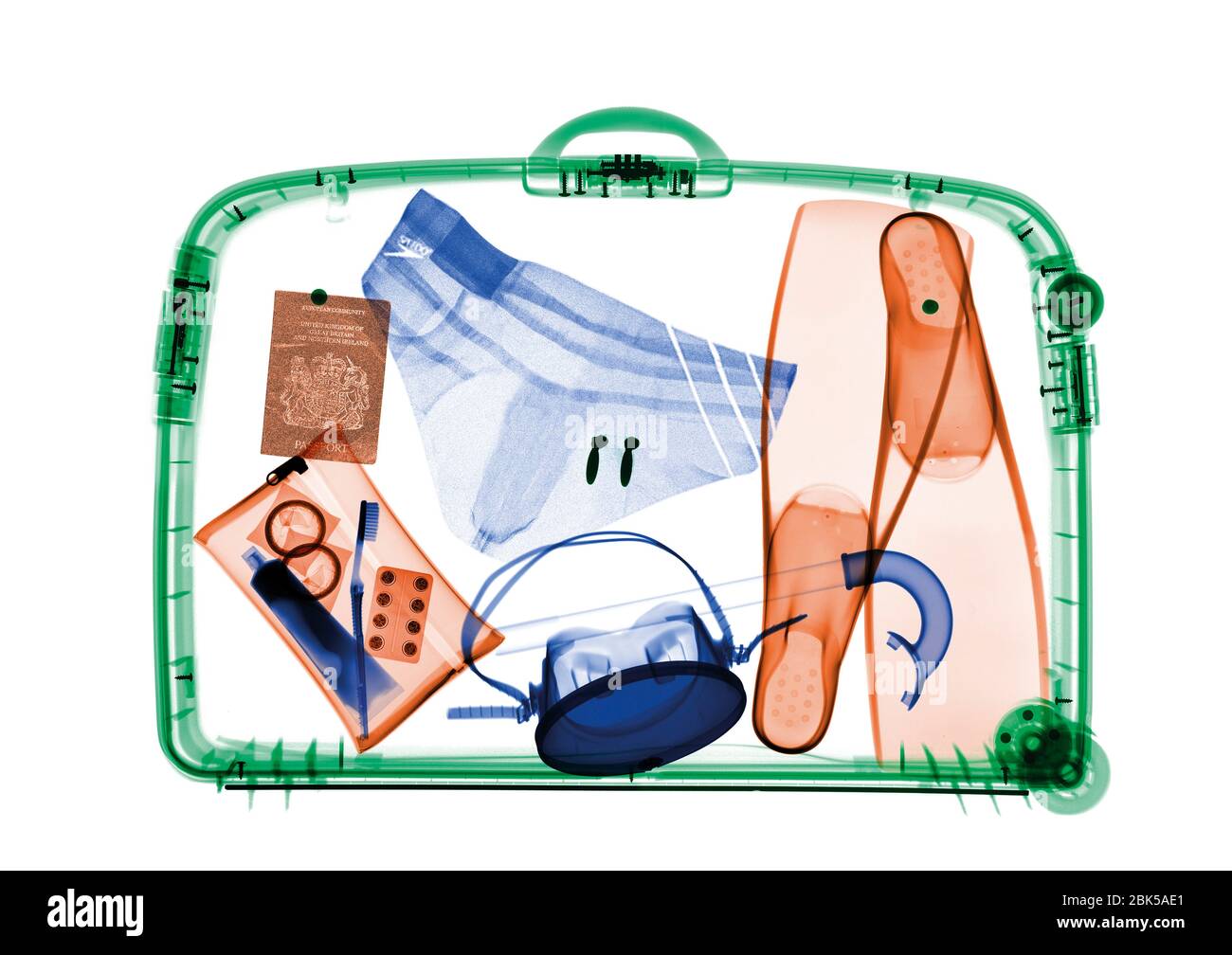 Suitcase with snorkelling equipment, coloured Xray Stock Photo Alamy