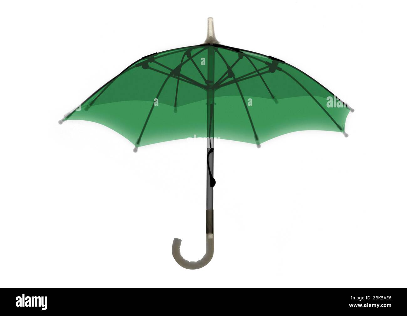 Open green umbrella, coloured X-ray. Stock Photo