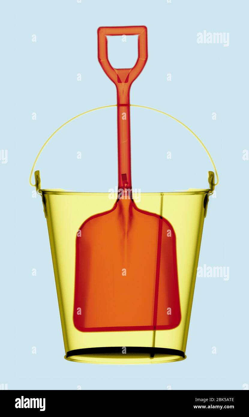 Plastic bucket and shovel coloured, X-ray. Stock Photo