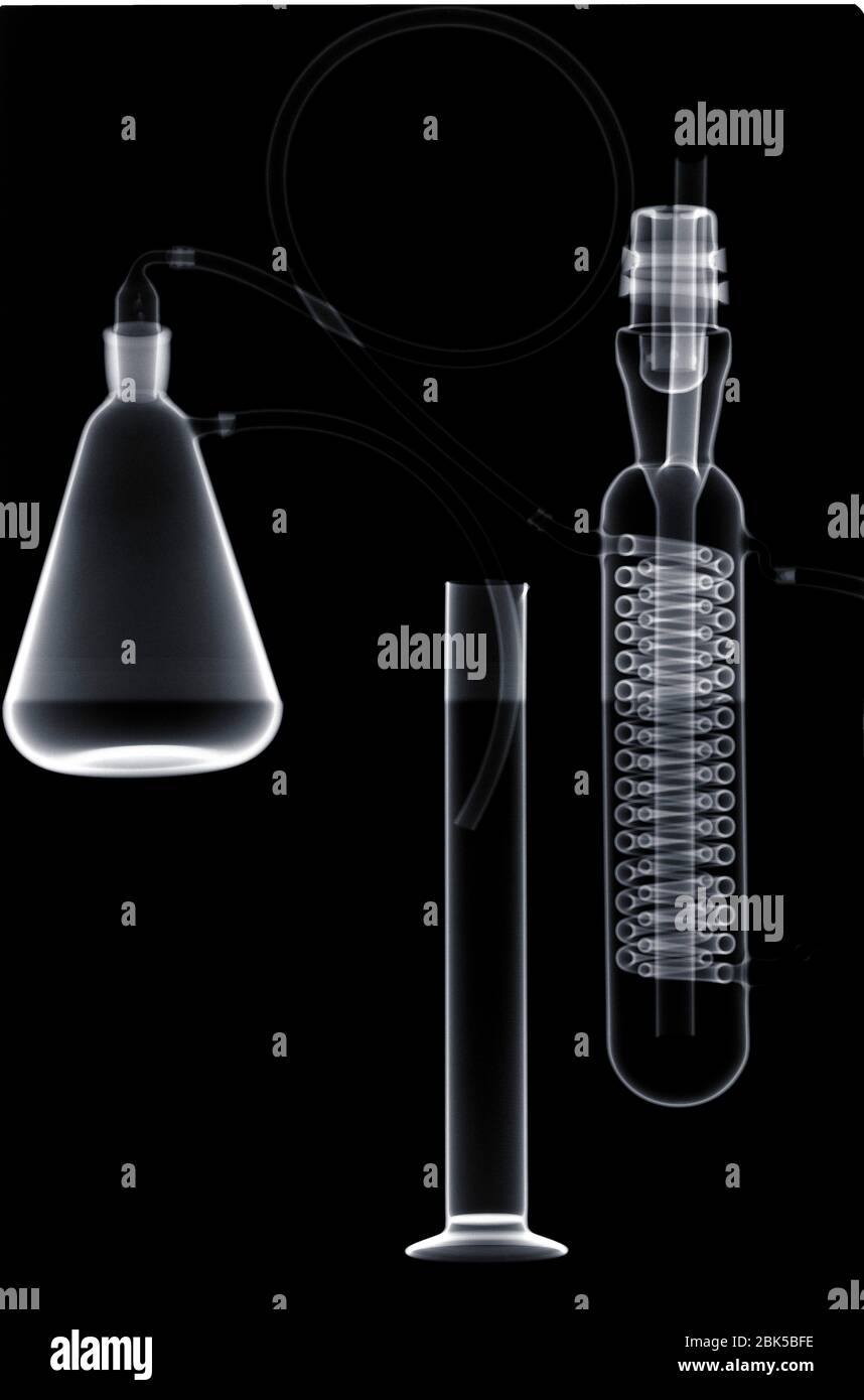 Glass beakers and tube for use in chemistry, X-ray. Stock Photo