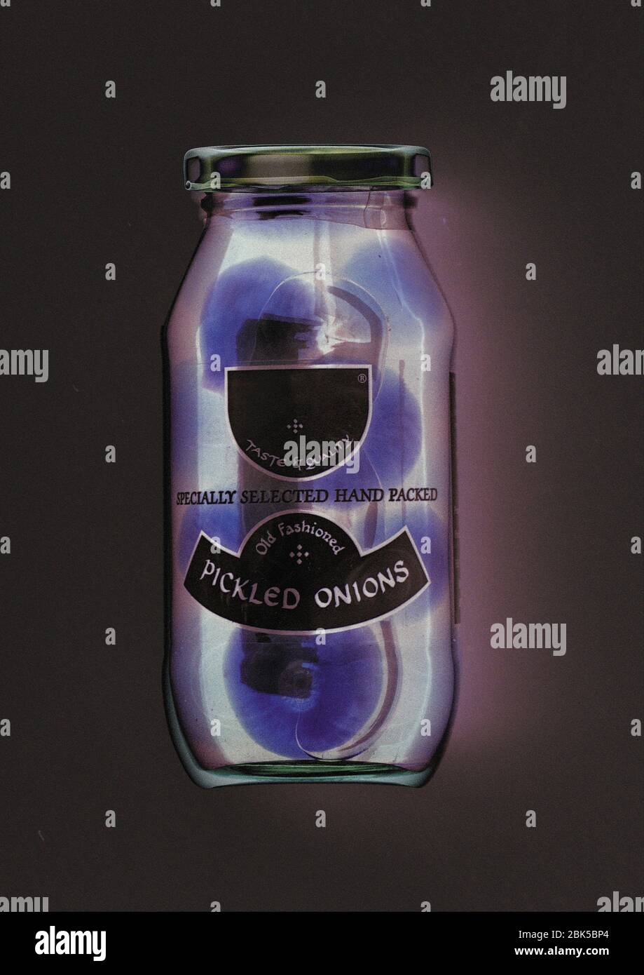 Jar of pickled onions, coloured X-ray. Stock Photo