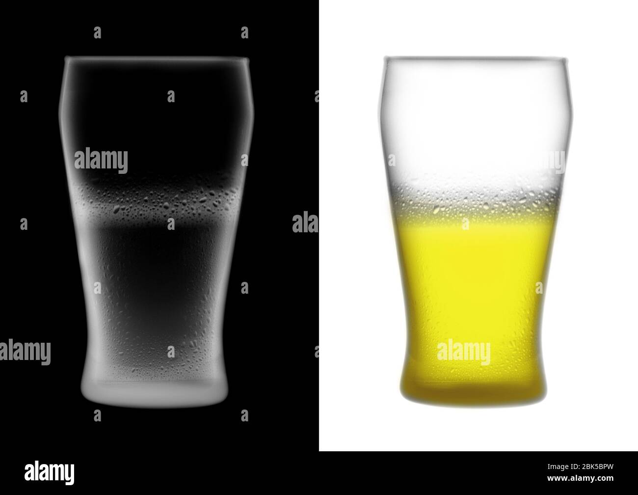 Pint of beer half full, coloured X-ray. Stock Photo