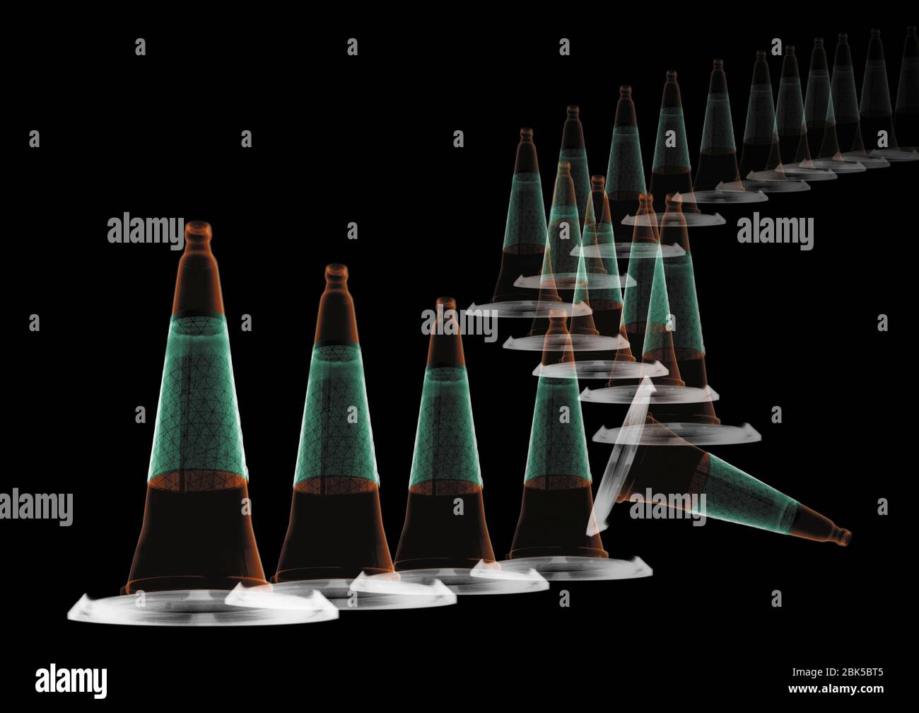 Traffic cones, coloured X-ray. Stock Photo