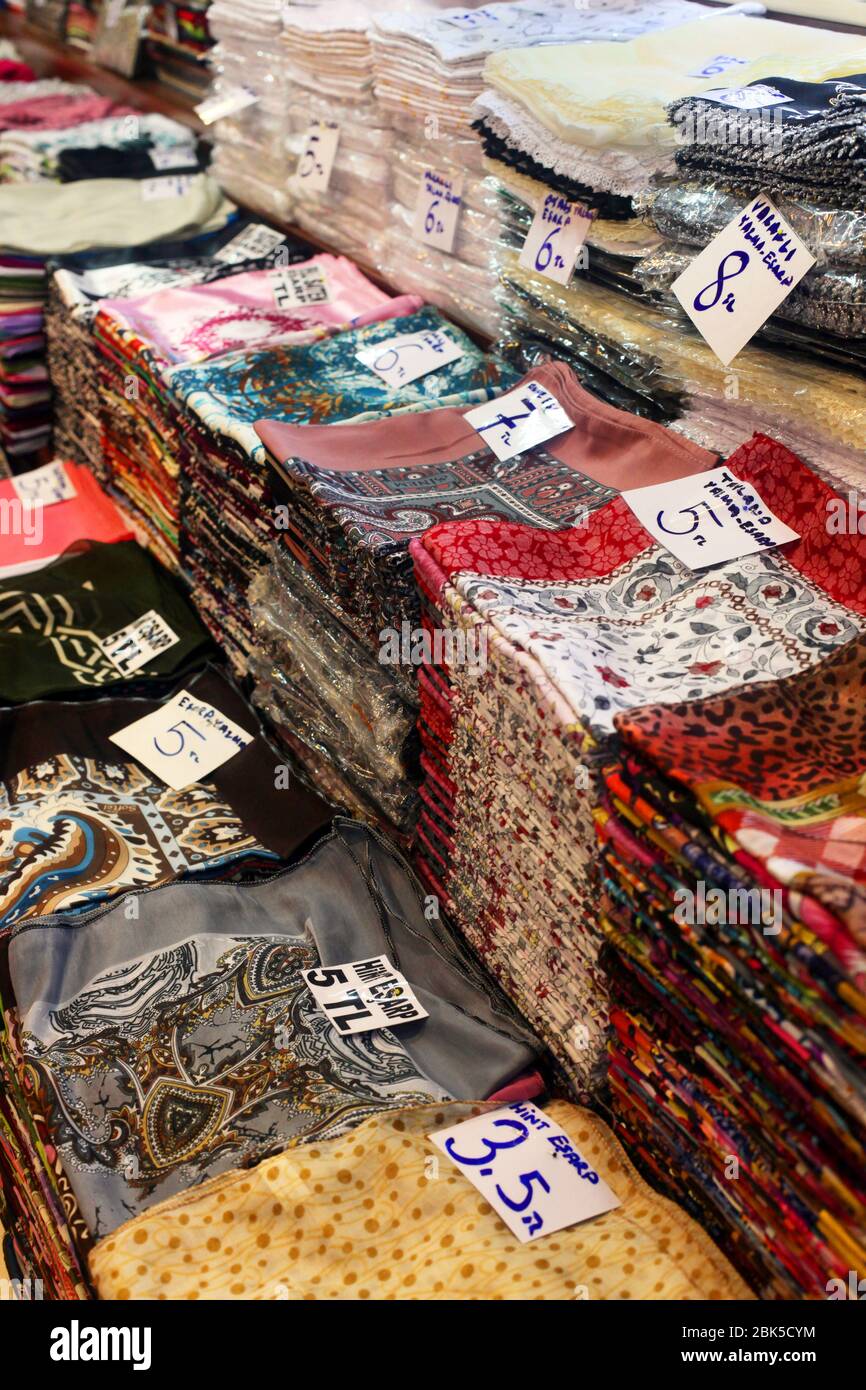 Kerchiefs in Eyup Traditional Gift Shop in Istanbul, Turkey. Stock Photo