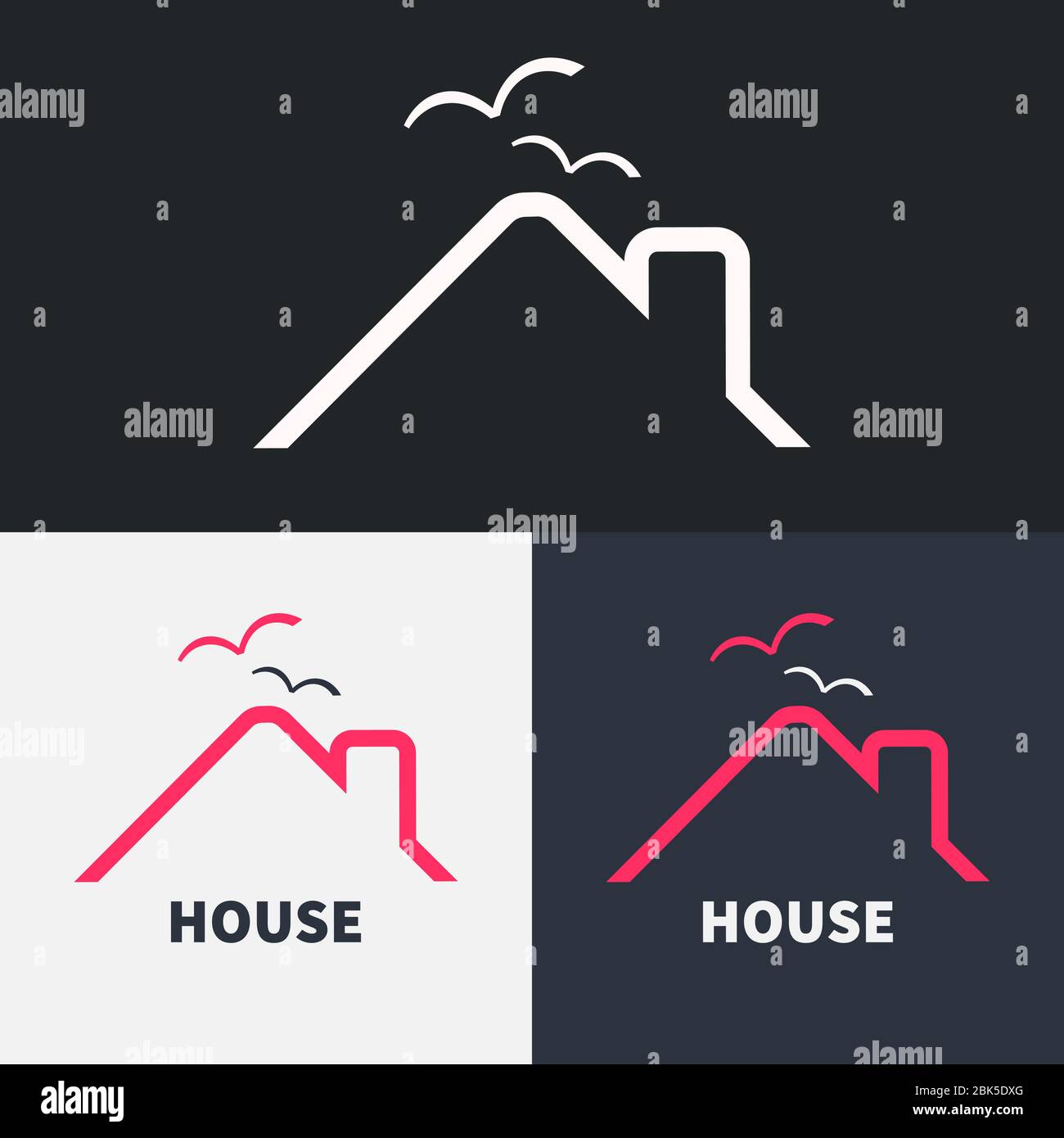 House and bird logo set. Birds fly over the roof of the house, modern emblem. isolated vector illustration Stock Vector