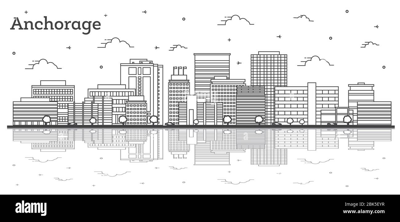 Outline Anchorage Alaska City Skyline with Modern Buildings and Reflections Isolated on White. Vector Illustration. Stock Vector
