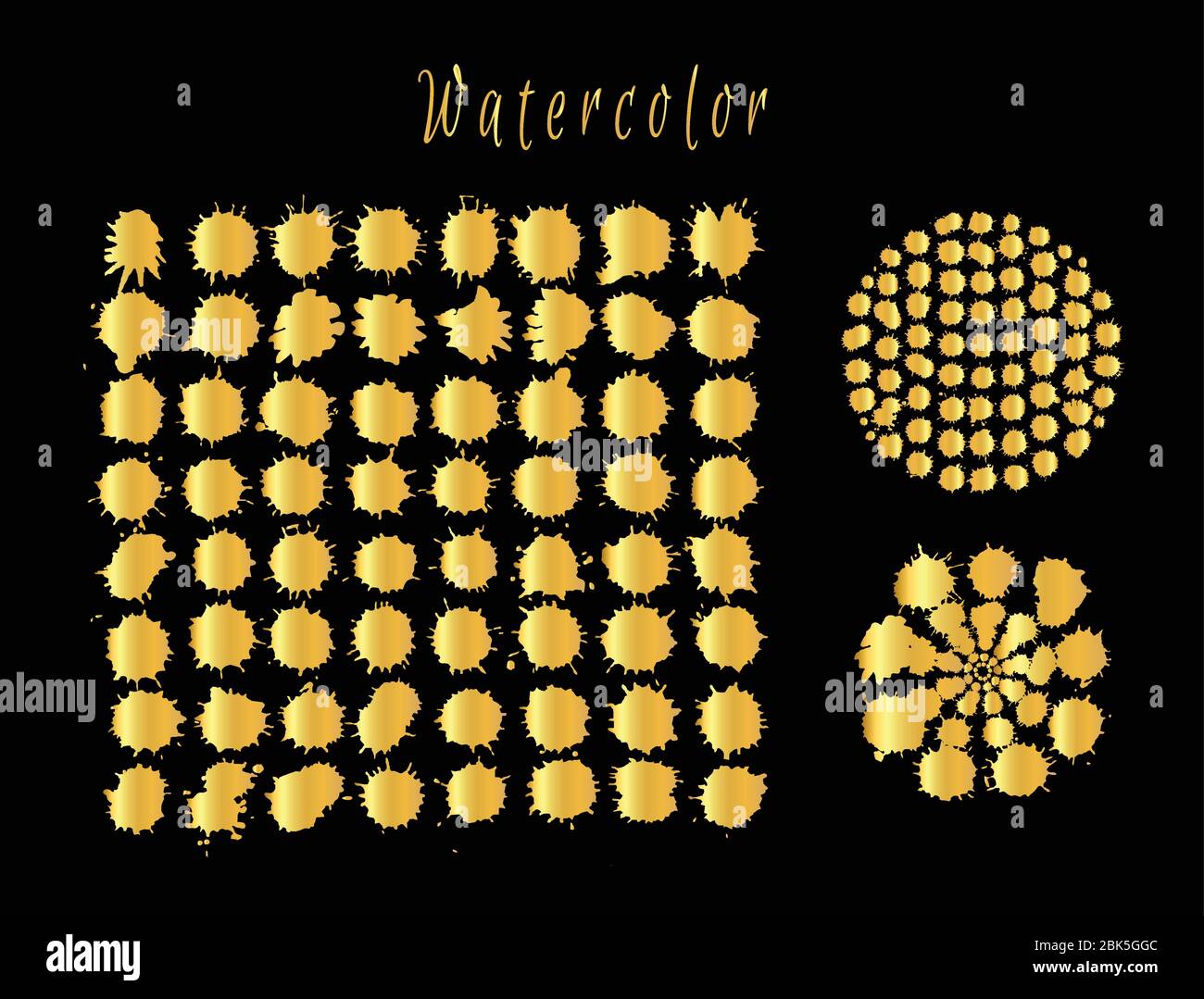 Watercolor splashes and stain texture. Vector gold illustration Stock