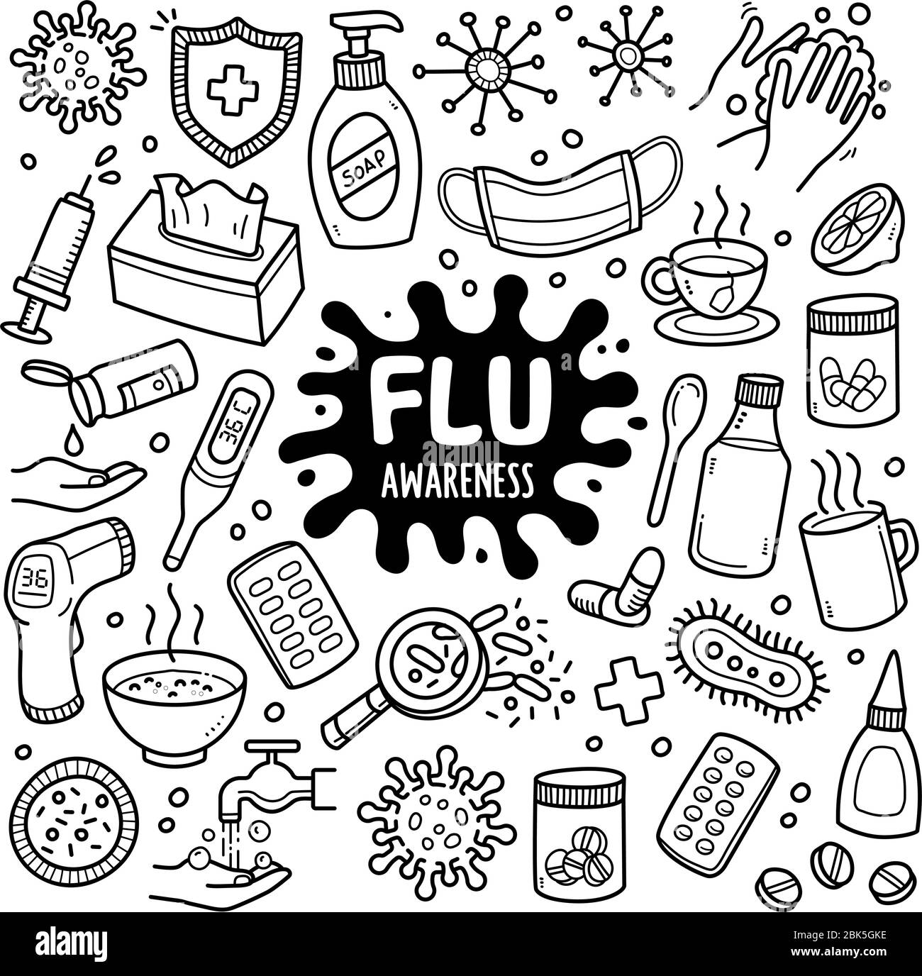 Flu doodle drawing collection. Elements such as medicine, thermometer, viruses, etc are included. Hand drawn vector doodle illustrations isolated over Stock Vector