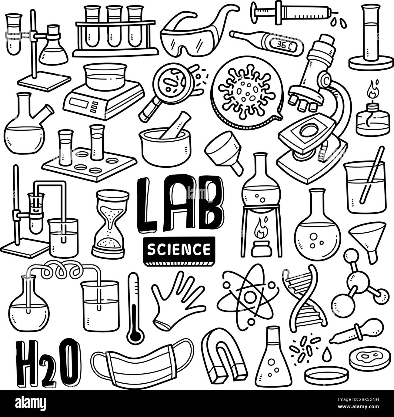 Clinical laboratory sciences doodle drawing collection. Elements such as lab equipments, experiments etc are included. Hand drawn vector doodle illust Stock Vector
