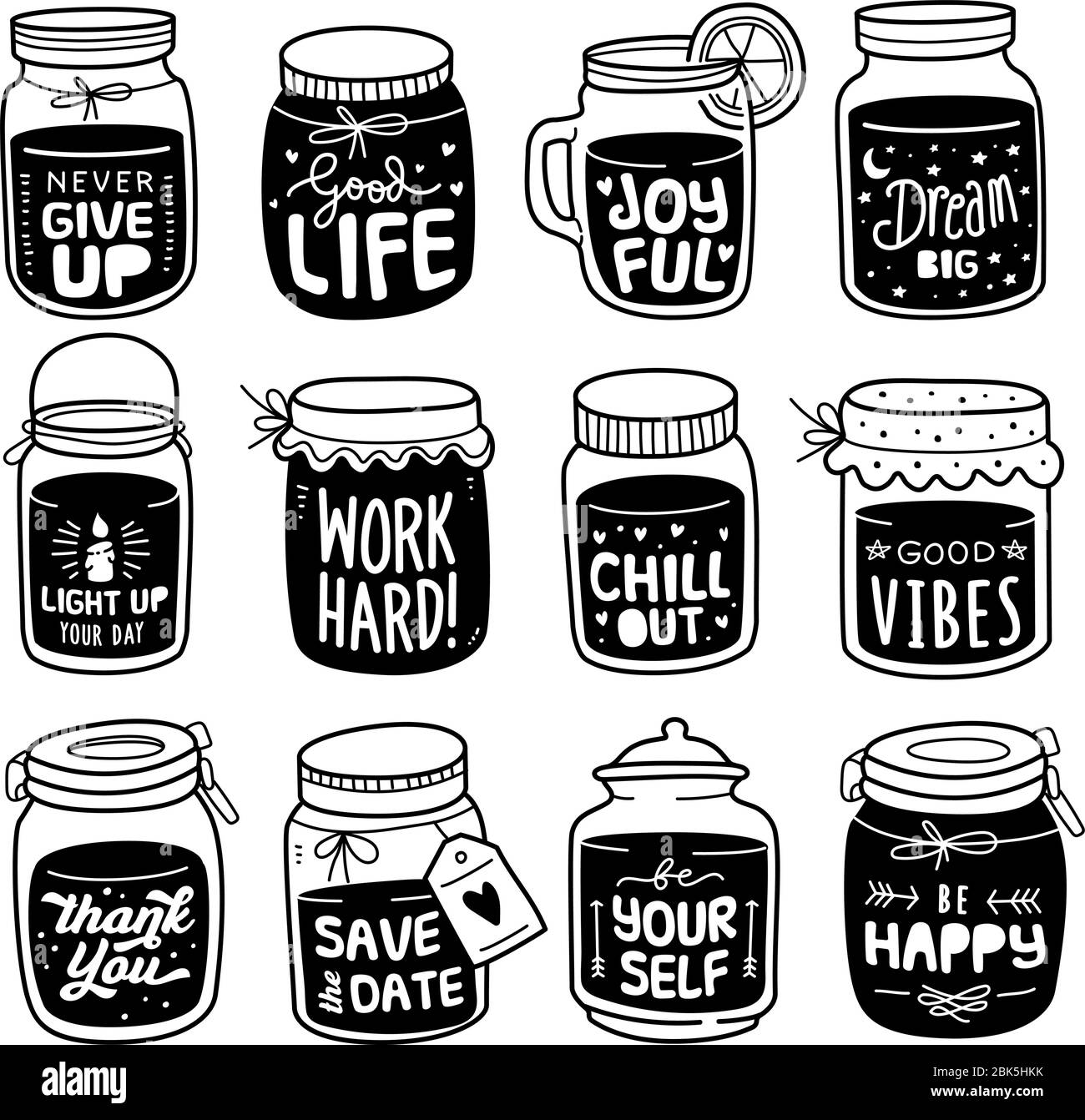 Set of vector doodle element  of inspirational short phrase quotes. Set of positive lifestyle quote labels written on jars. Stock Vector