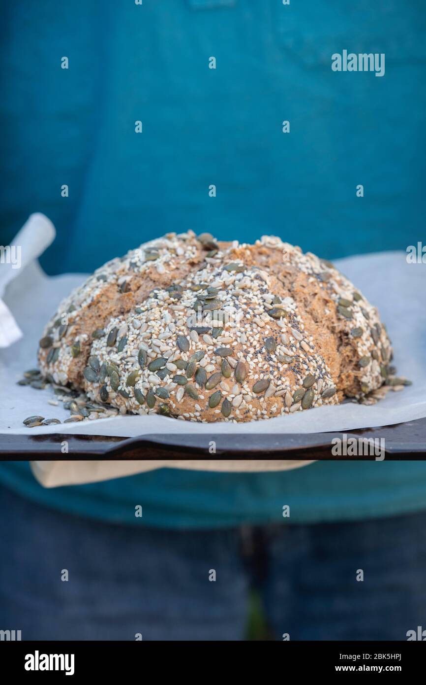 Man holding a loaf of Homemade soda spelt bread on a baking tray Stock Photo
