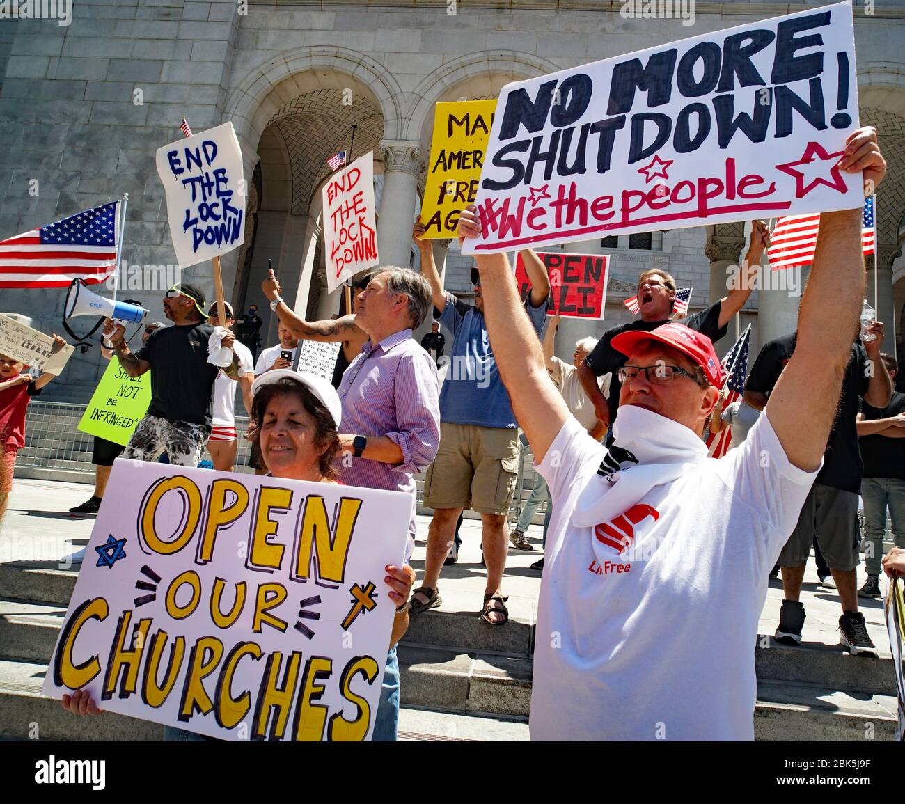 FULLYOPENCA May 1, 2020 Los Angeles, Ca. Hundreds gathers in front of Los Angeles City Hall protesting Stay At Home, displaying Signs no more shutdown, open our churches Stock Photo