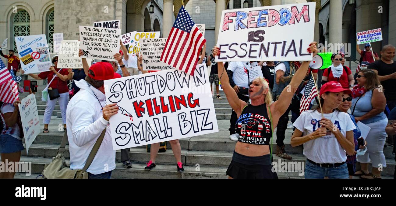 FULLYOPENCA May 1, 2020 Los Angeles, Ca. Hundreds gathers in front of Los Angeles City Hall protesting Stay At Home, displaying Signs no more shutdown, open our churches Stock Photo