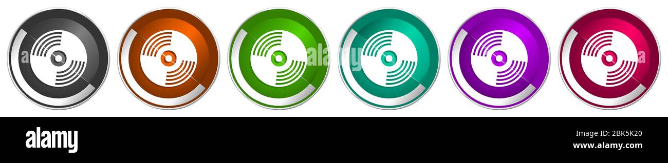Vinyl music icon set, silver metallic chrome border vector web buttons ...
