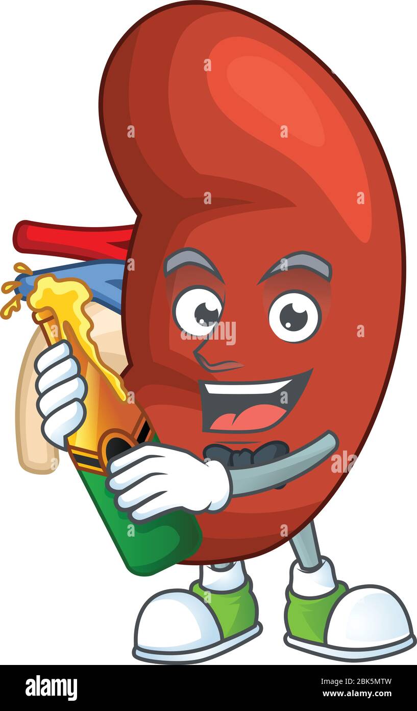 Mascot cartoon design of right human kidney making toast with a bottle