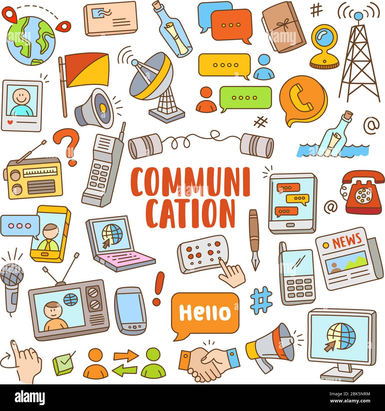 Set of communication vector cartoon illustration elements. Various objects  of hand-drawn communication in doodle color Stock Vector Image & Art - Alamy