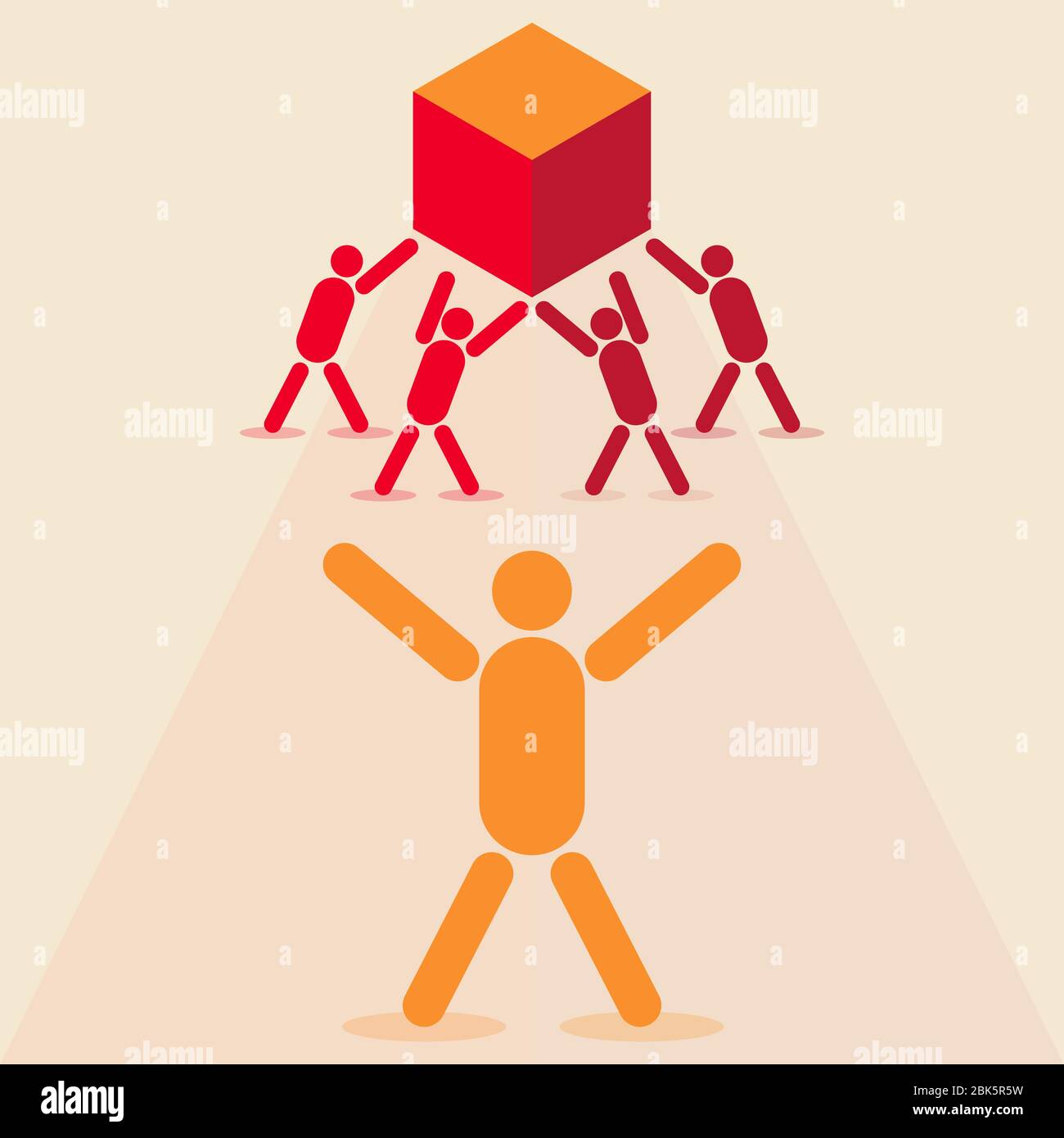 Four people lifting a heavy box while another one coordinates them Stock Vector