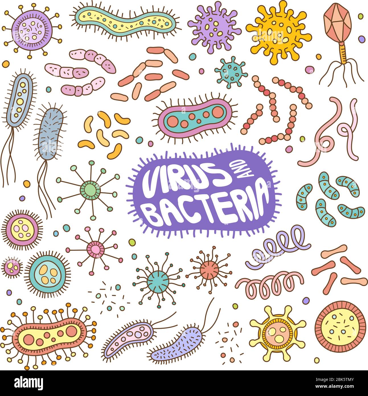 Set of virus and bacteria vector cartoon illustration elements. Various objects of hand-drawn virus and bacteria in doodle color. Stock Vector