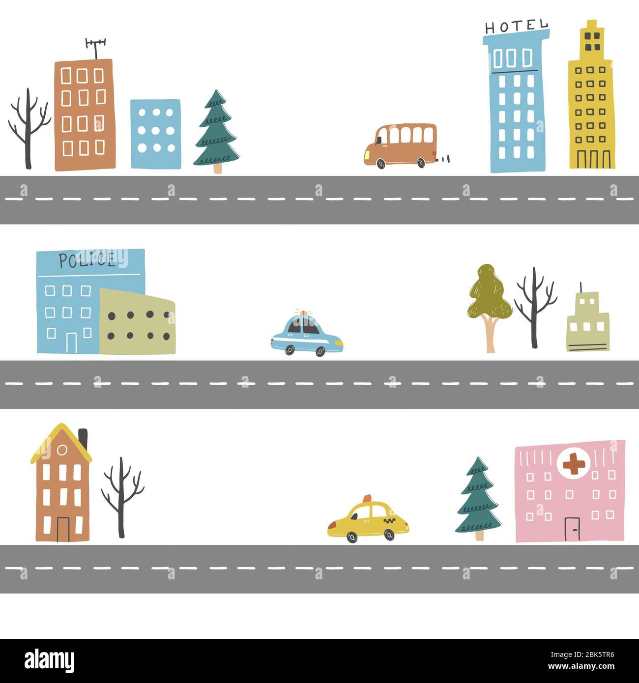 Cartoon cute kids map with car, road, city landscape elements. Cars, building, road of hand ...
