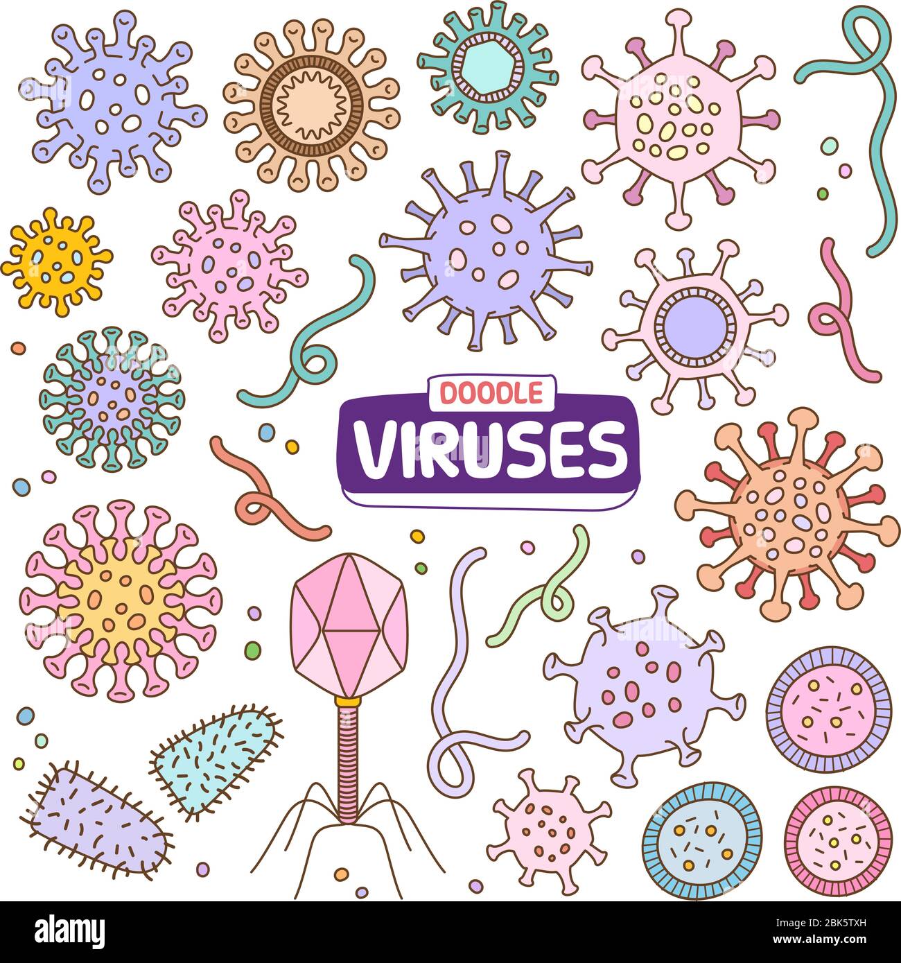 Set of viruses vector cartoon illustration elements. Various objects of hand-drawn viruses in doodle color. Stock Vector