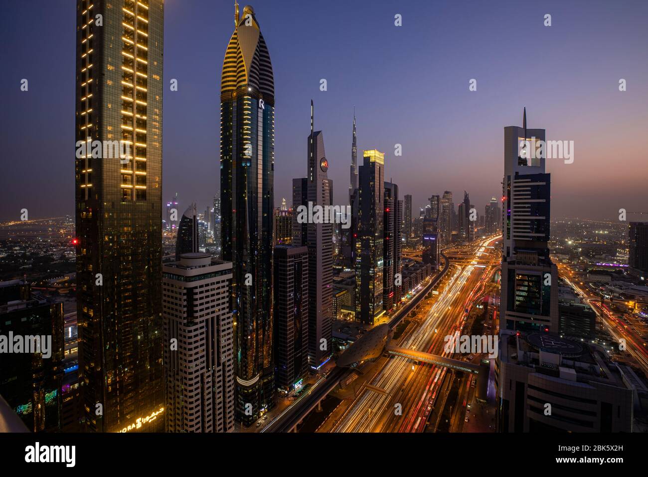 Dubai skyline at twilight, United Arab Emirates Stock Photo