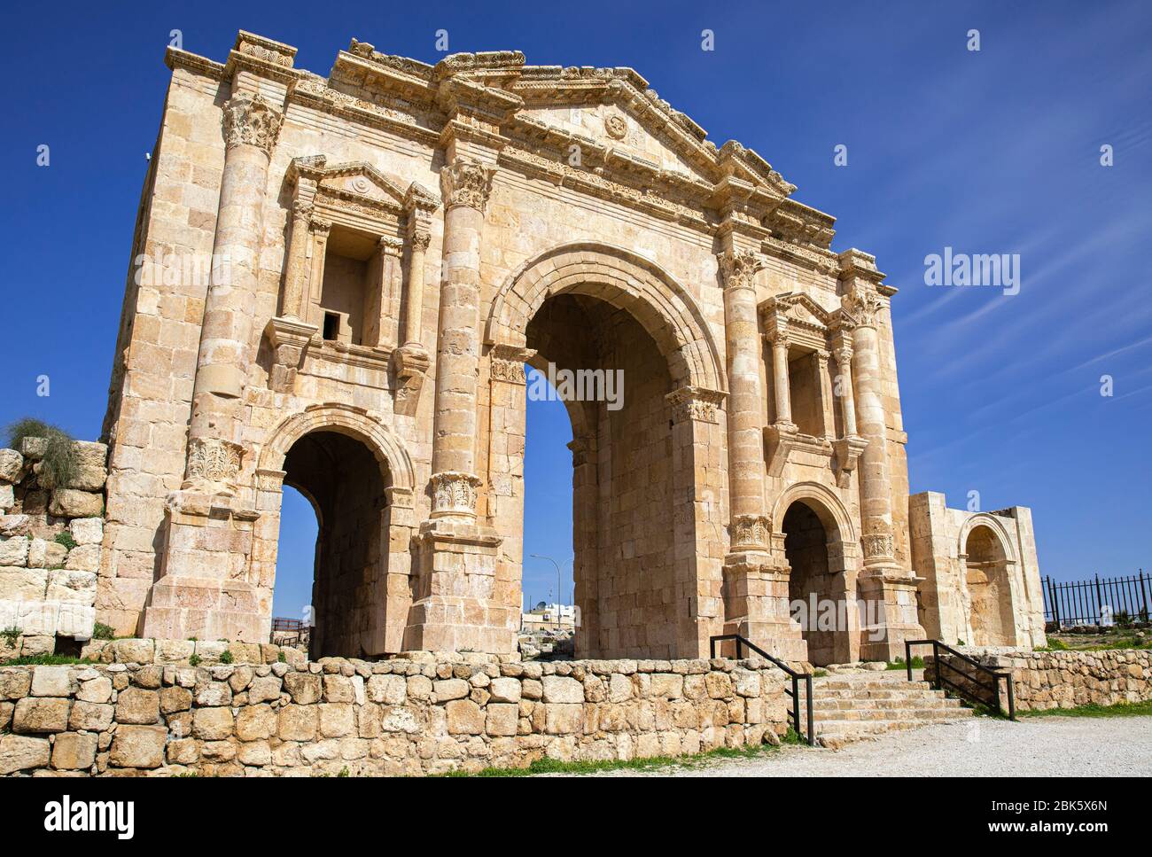 Hadrian's Arch at Jerash Archaeological Site of Ancient Roman Ruins, Jordan Stock Photo