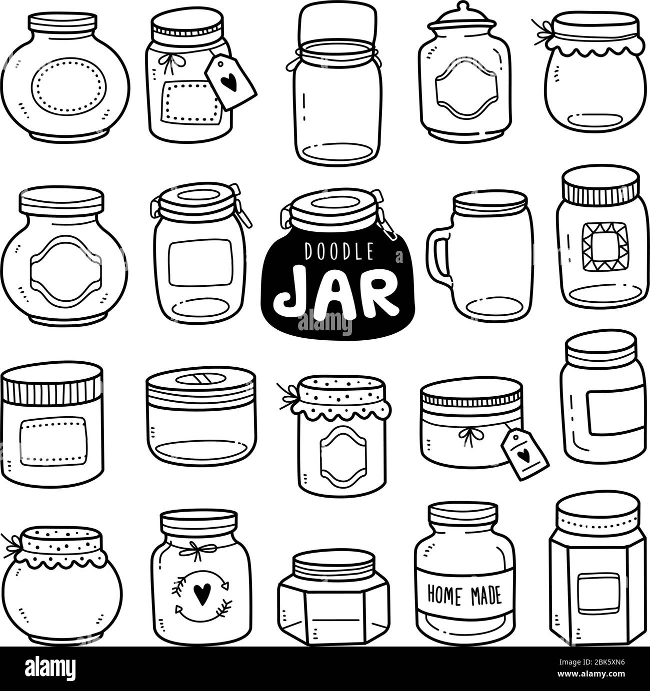 Set of vector doodle element related to jars. Set of hand-drawn empty jars isolated over white background. Stock Vector