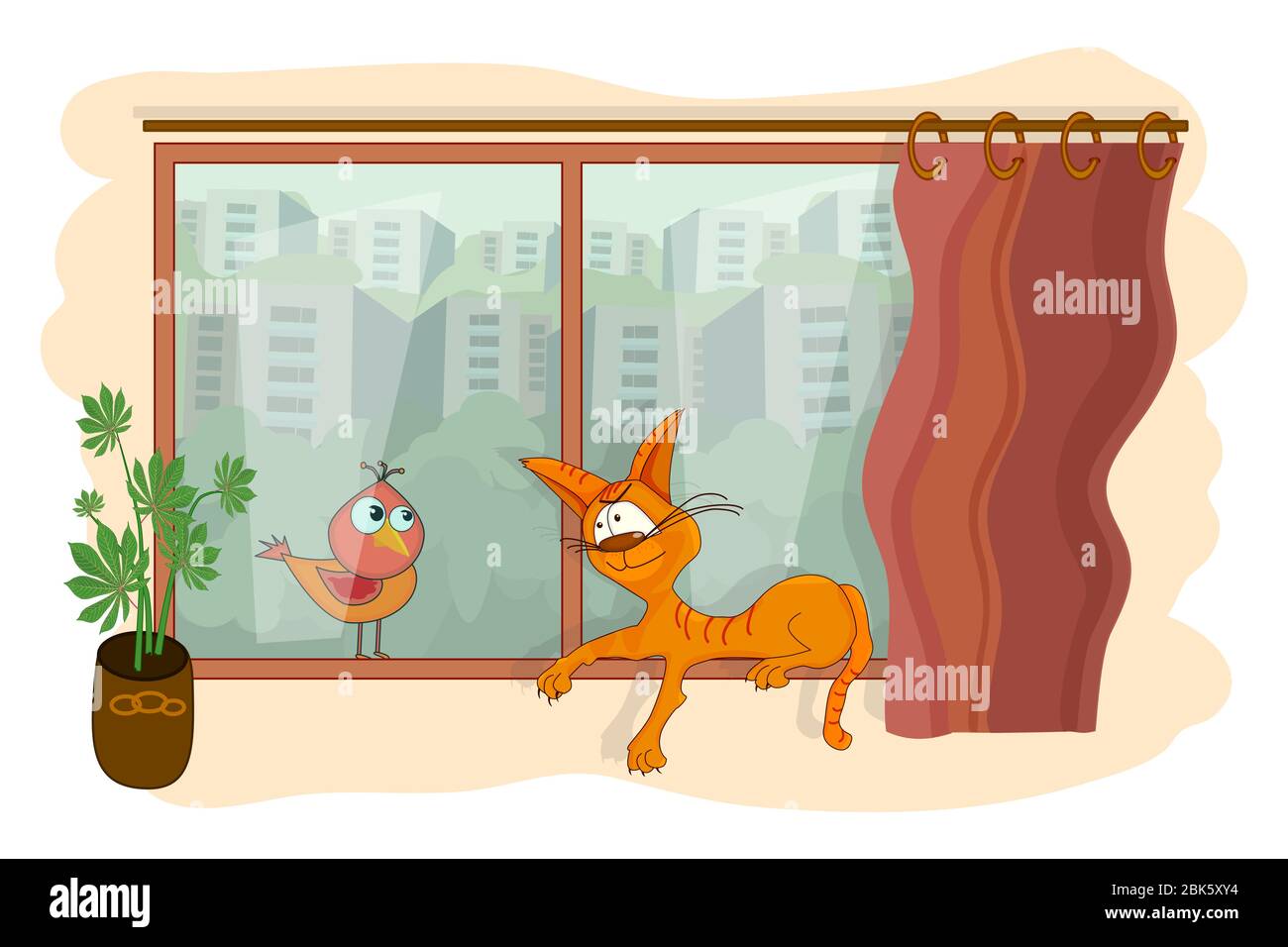 Cat on the windowsill. Cat looks out the window at a bird. Stay home. Social distancing. Self isolation from society. Stock vector illustration Stock Vector