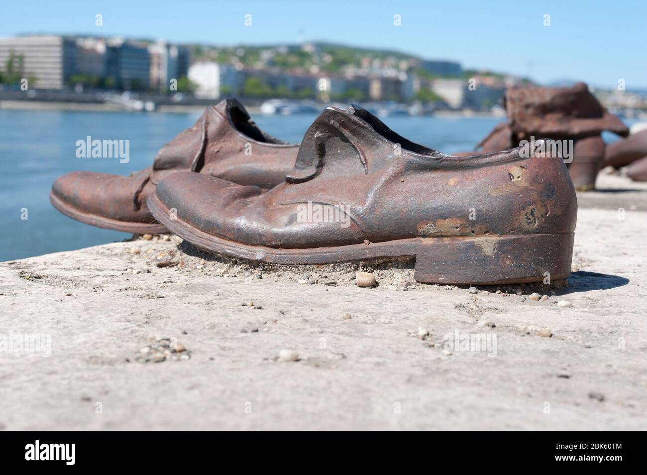 BUDAPEST, HUNGARY - APRIL 01, 2020: Iron shoes memorial to Jewish people executed WW2 in Budapest on the Danube Bank Stock Photo