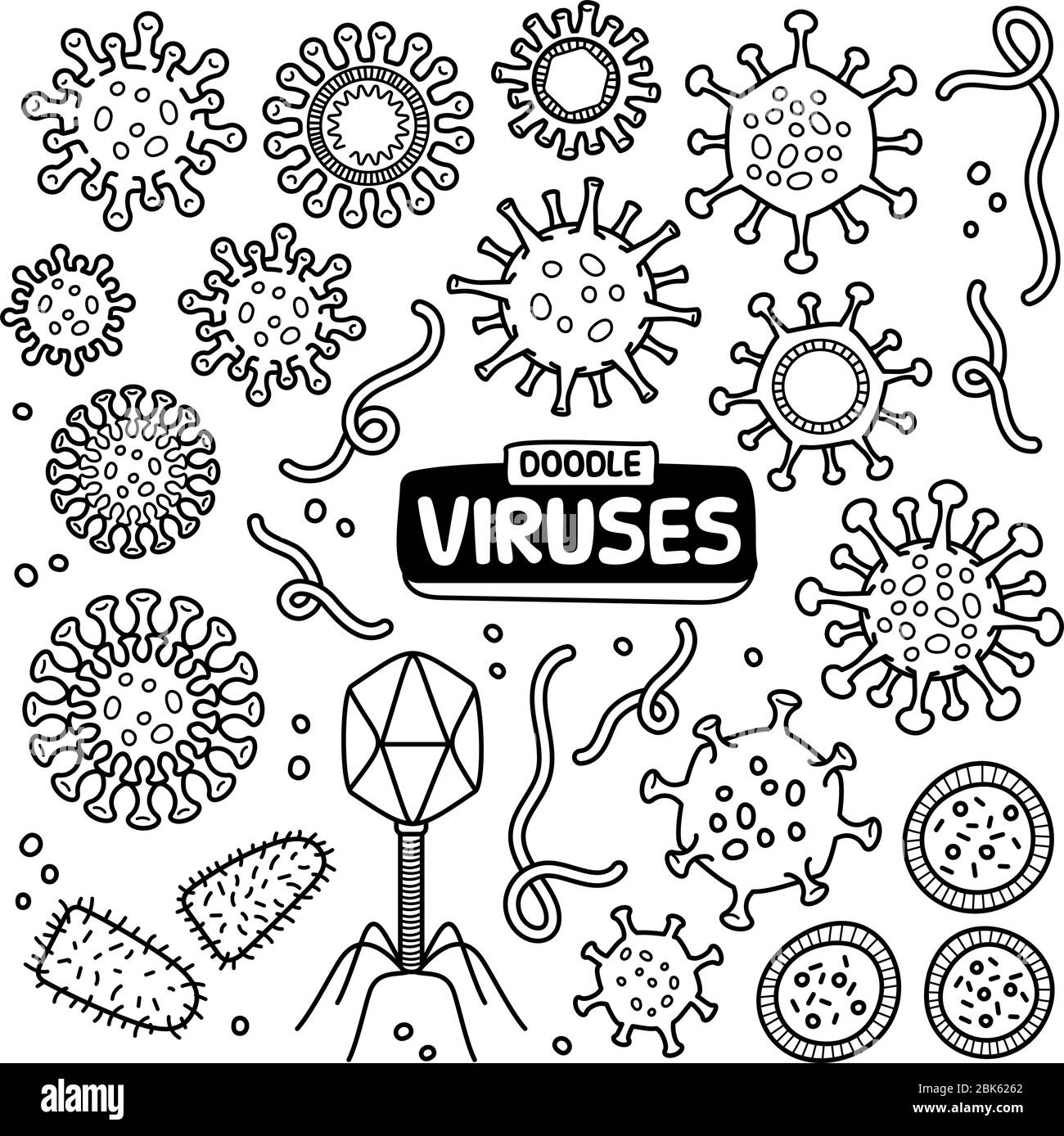 Viruses doodle drawing collection. Microorganism such as HIV, ebola, hepatitis, rabies, bacteriophage & coronavirus, etc are included. Hand drawn vect Stock Vector