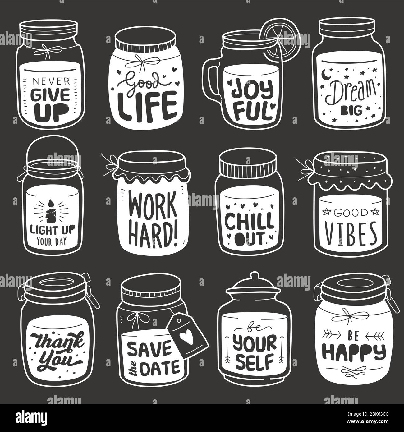 Set of positive quote in jar vector doodle element. Various types of
