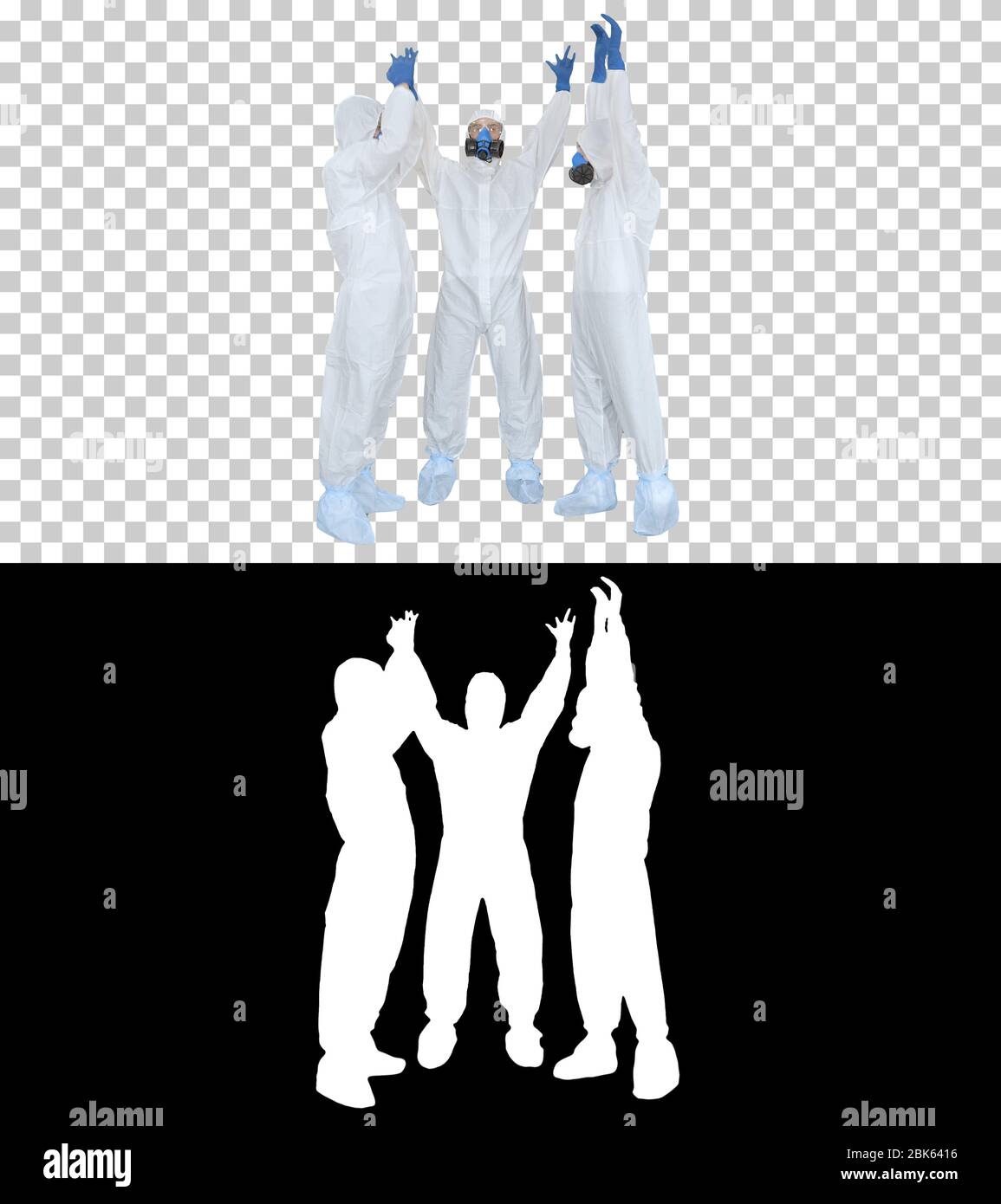 Doctors in hazamat suits stacking hands Team work, Alpha Channel Stock Photo
