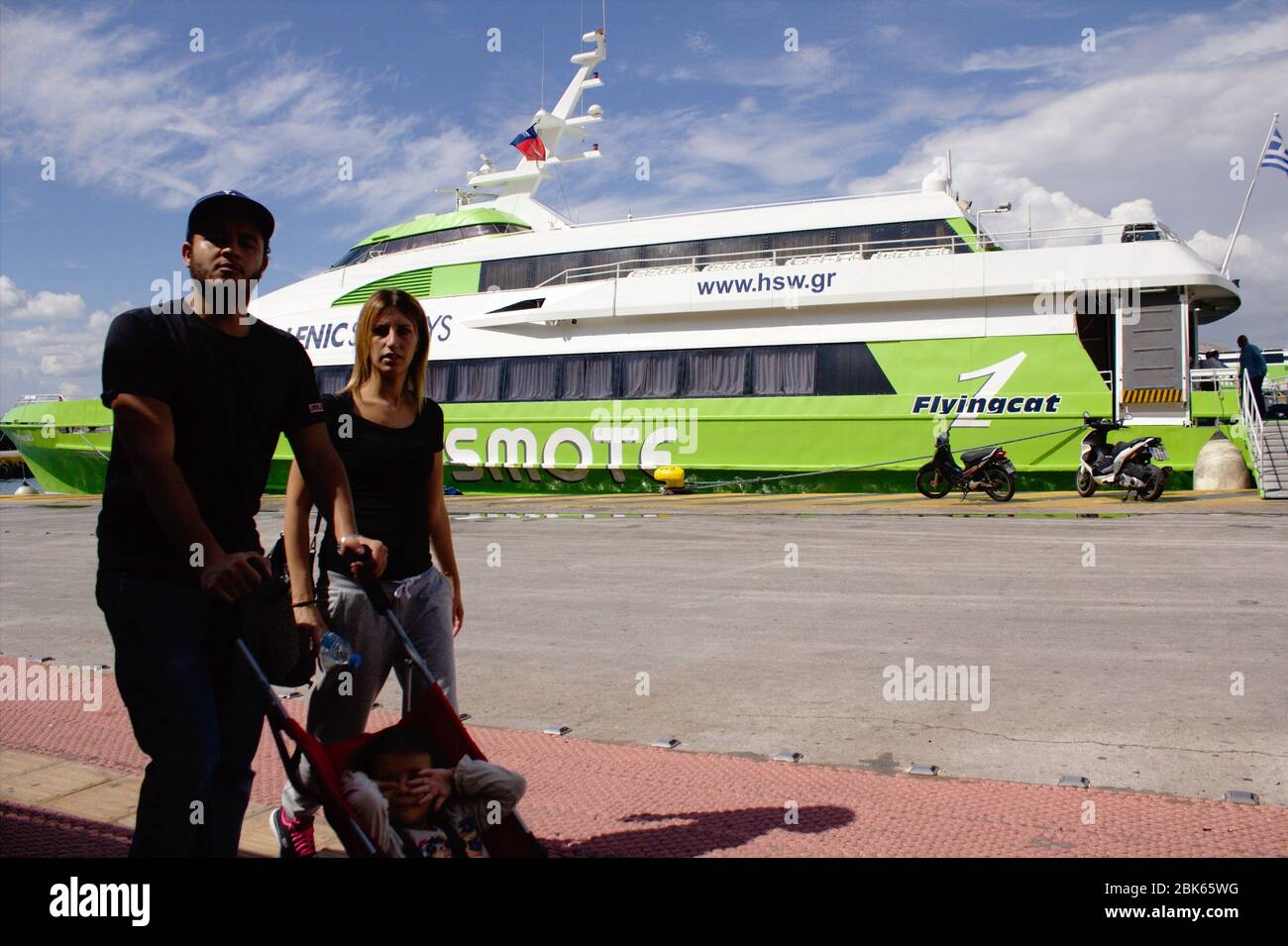 Scenic at the port of Piraeus, Greece, with a flying cat in the background, September 23 2015. Stock Photo