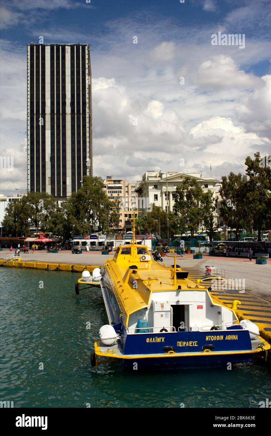 Scenic at the port of Piraeus, Greece, with a flying dolphin in the background, September 23 2015. Stock Photo