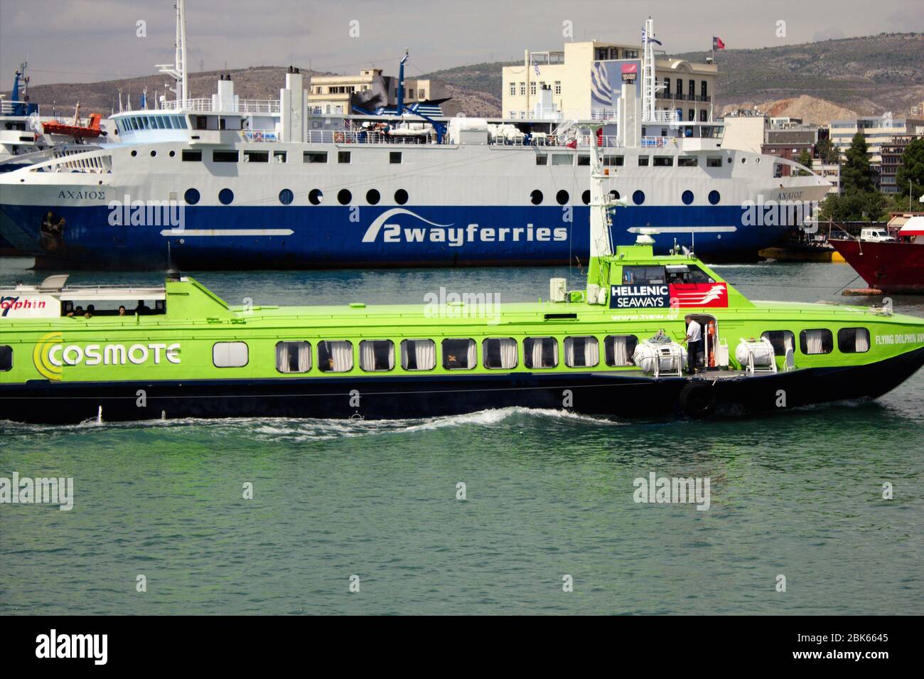 Scenic at the port of Piraeus, Greece, with ferries and flying cat in the background, September 23 2015. Stock Photo