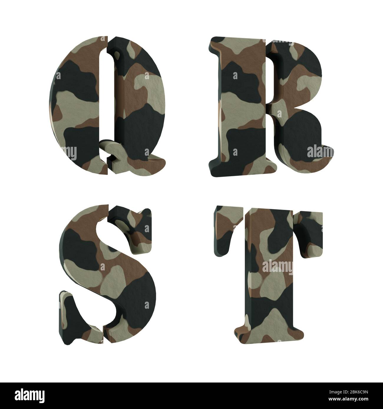 Set of 3D capital letter camouflage alphabet - letters M-P Stock Photo