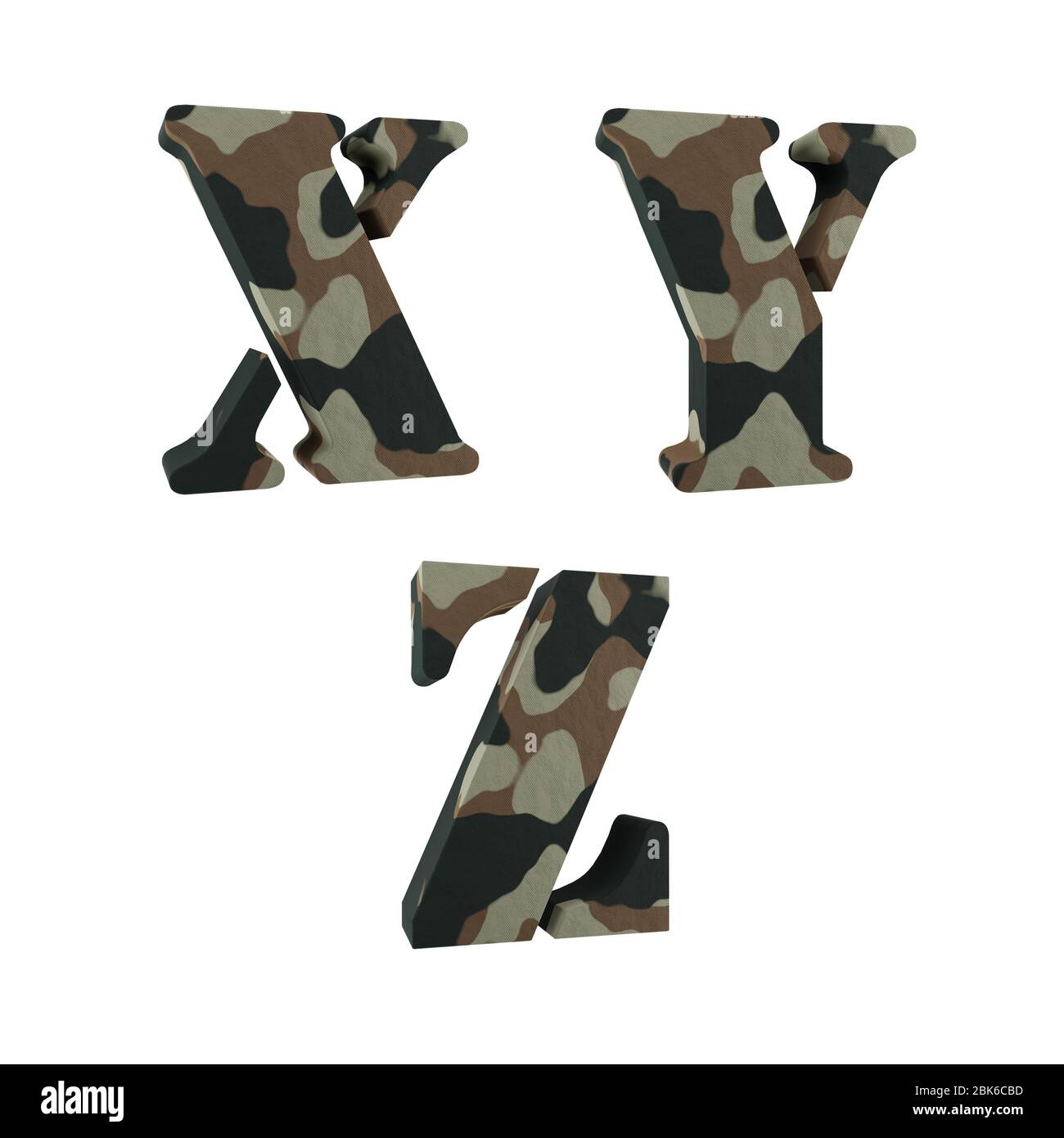 Set of 3D capital letter camouflage alphabet - letters X-Z Stock Photo