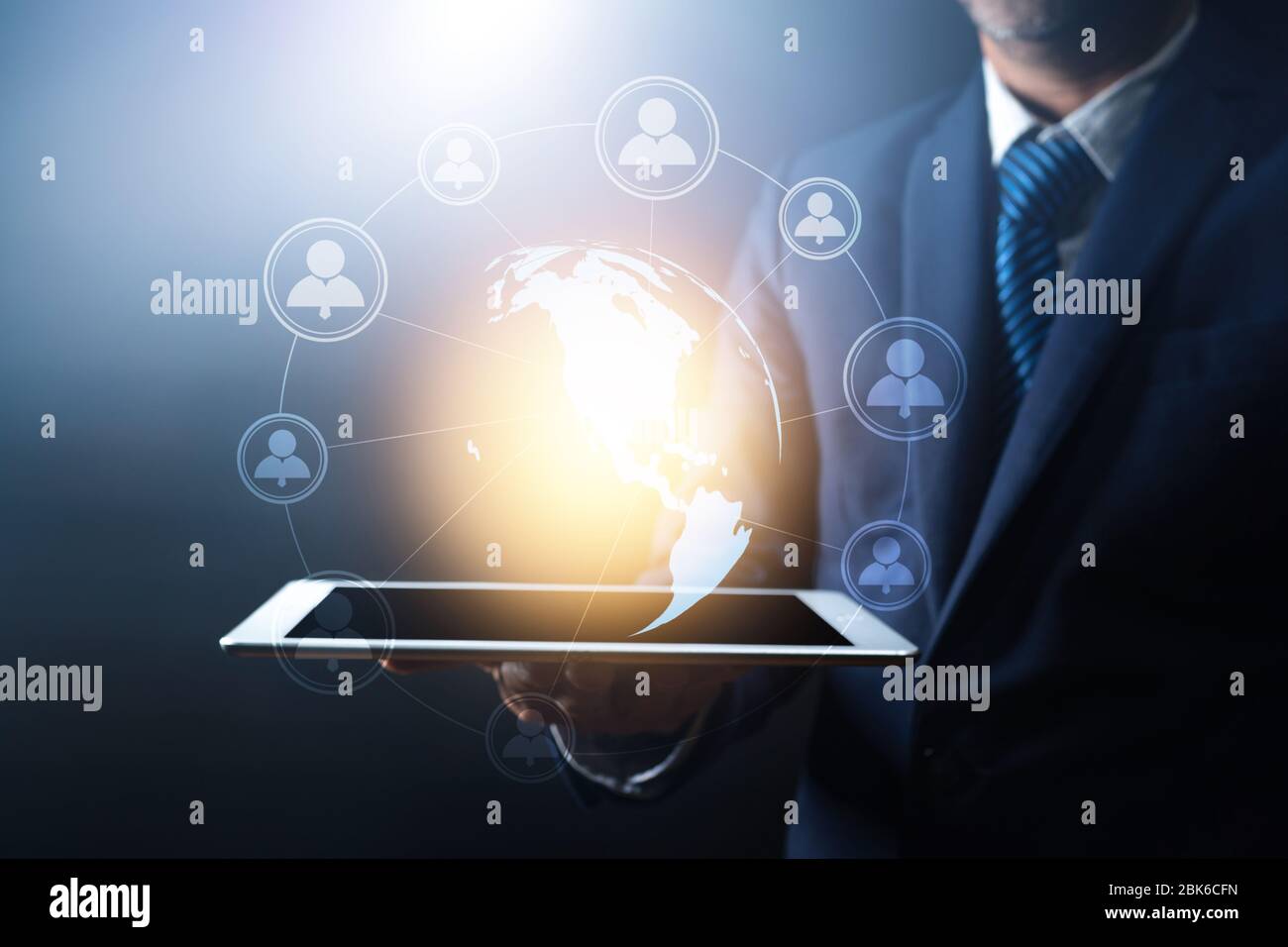 global network connection and high technology, businessman holding tablet with glob earth with line connect, worldwide, networking internet concept,El Stock Photo