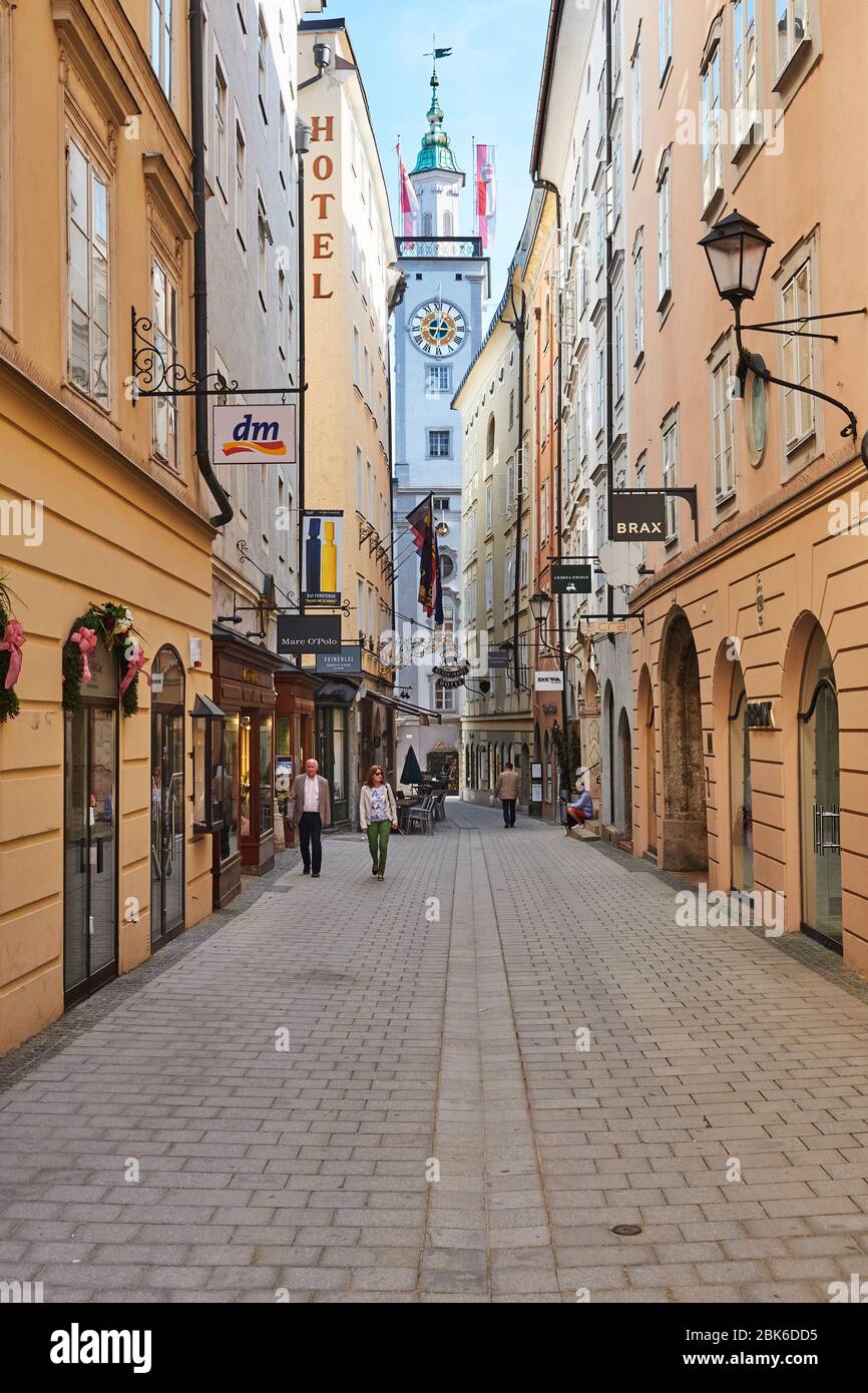 SALZBURG, AUSTRIA - 29 April 2018: Characteristic street in the city center Stock Photo