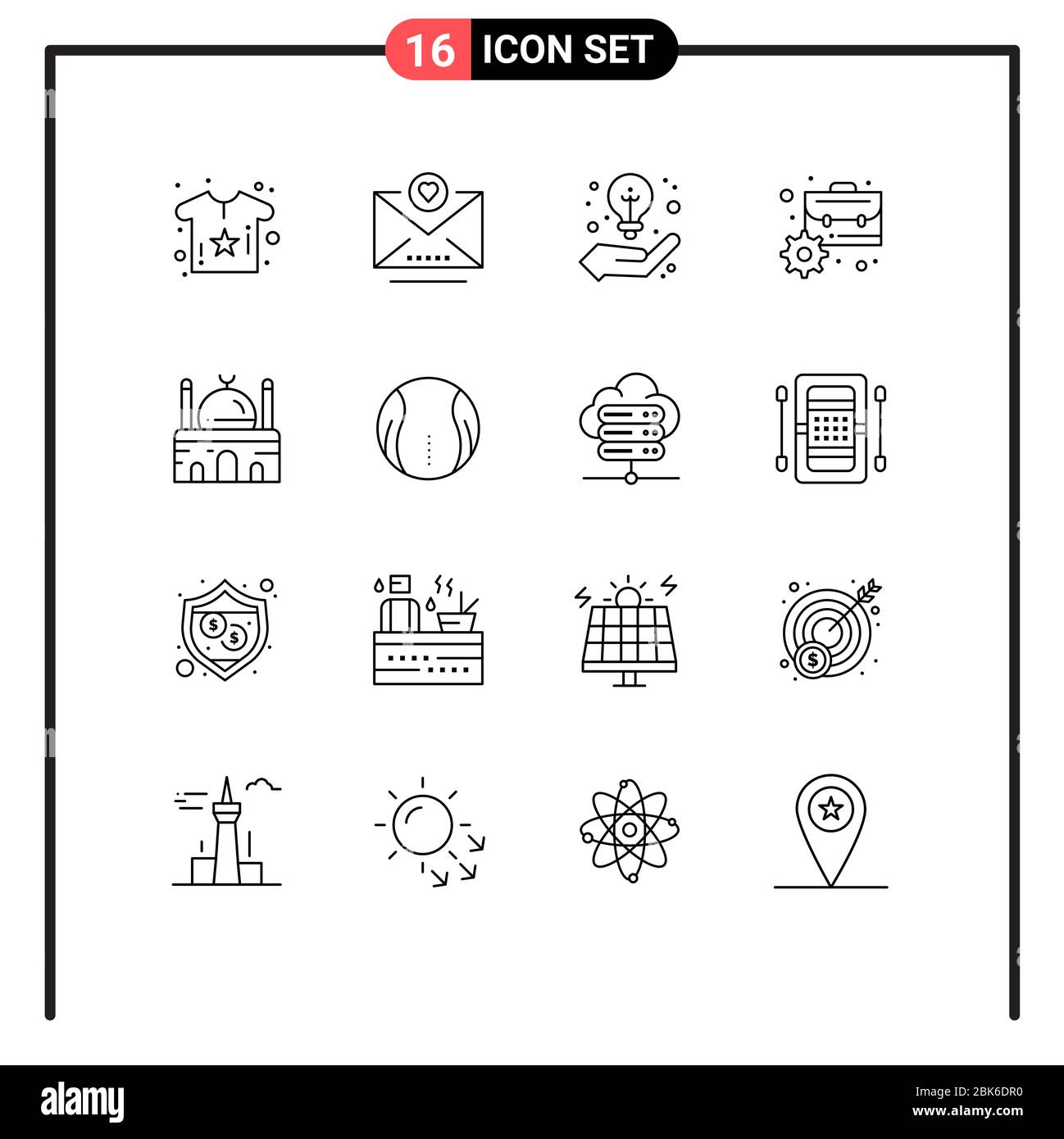User Interface Pack of 16 Basic Outlines of mosque, building, idea, management, business Editable Vector Design Elements Stock Vector