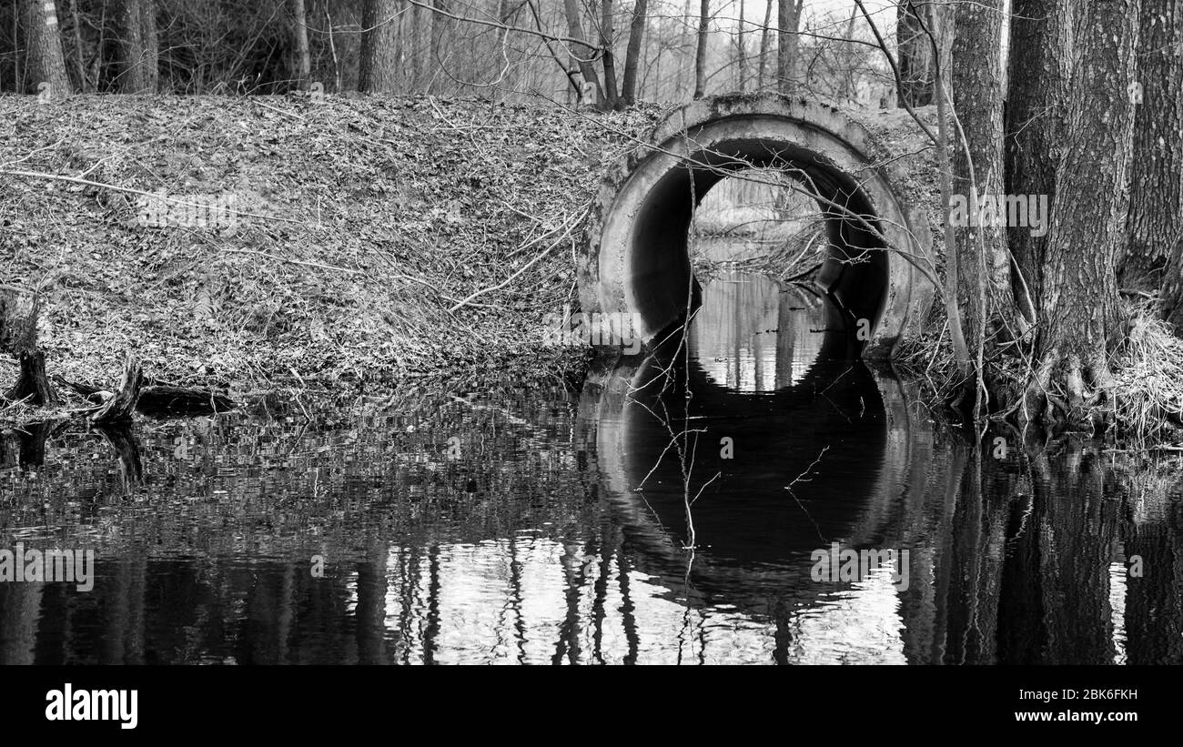A big pipe in the woods connecting two lakes and a beautiful symetrical reflection of it on the water Stock Photo