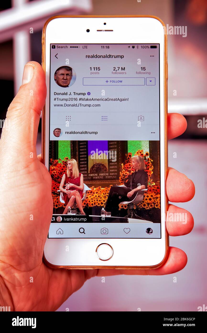 WROCLAW. POLAND- 20, October, 2016: Donald Trump's Instagram account shown on Iphone 6 plus, Stock Photo