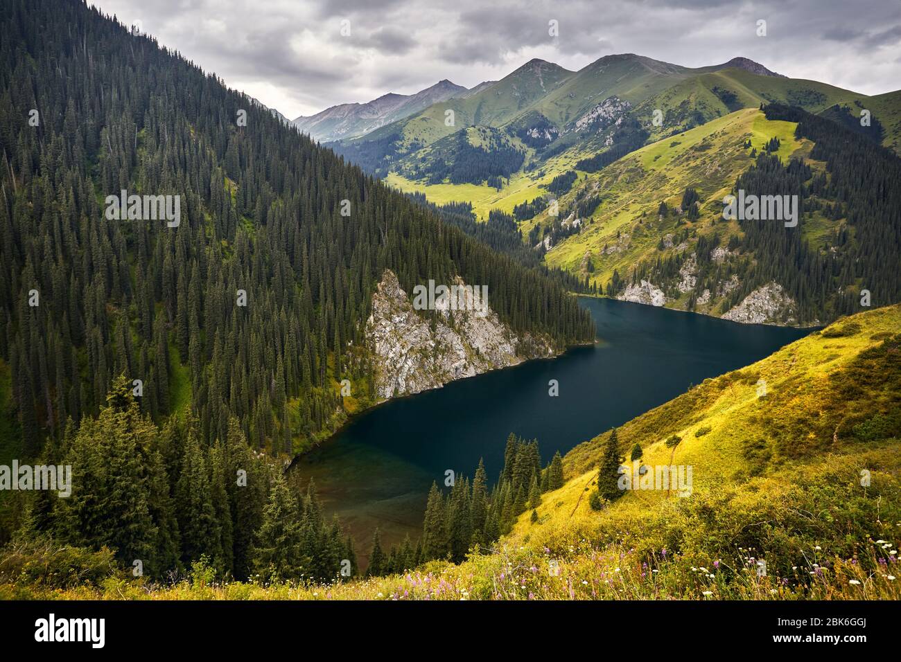 Beautiful view of high mountain lake Kolsai in Kazakhstan, central Asia Stock Photo
