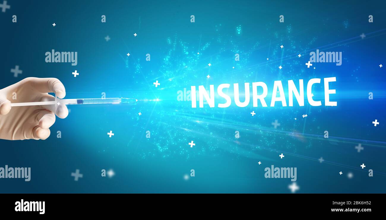 Syringe, medical injection in hand with INSURANCE inscription, medical ...
