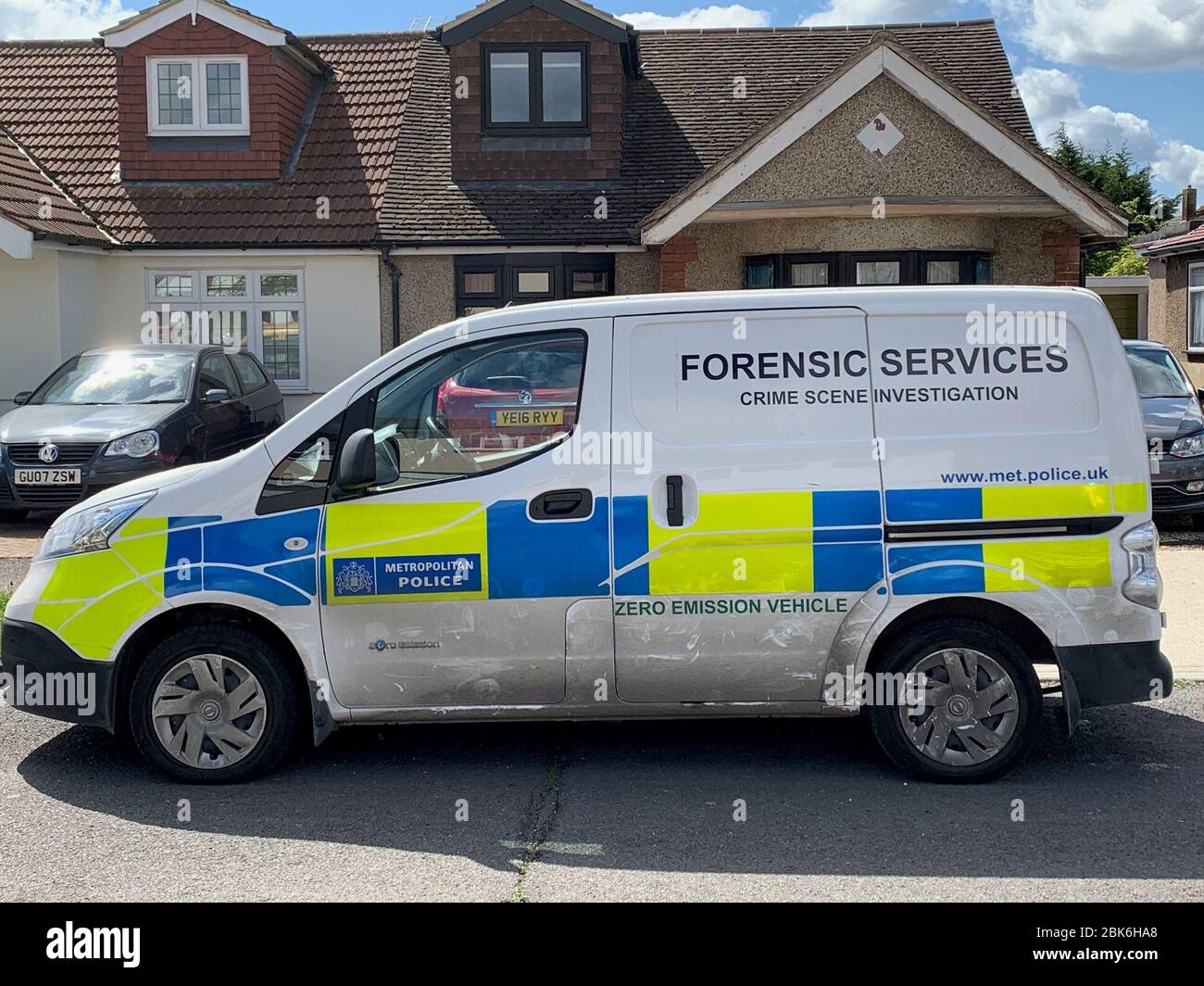 A police forensic van at the scene in Kerry Drive, Upminster, East